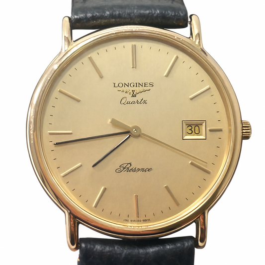 Longines Presence Men’s Dress Watch Gold Tone Black Leather Strap Swiss Quartz