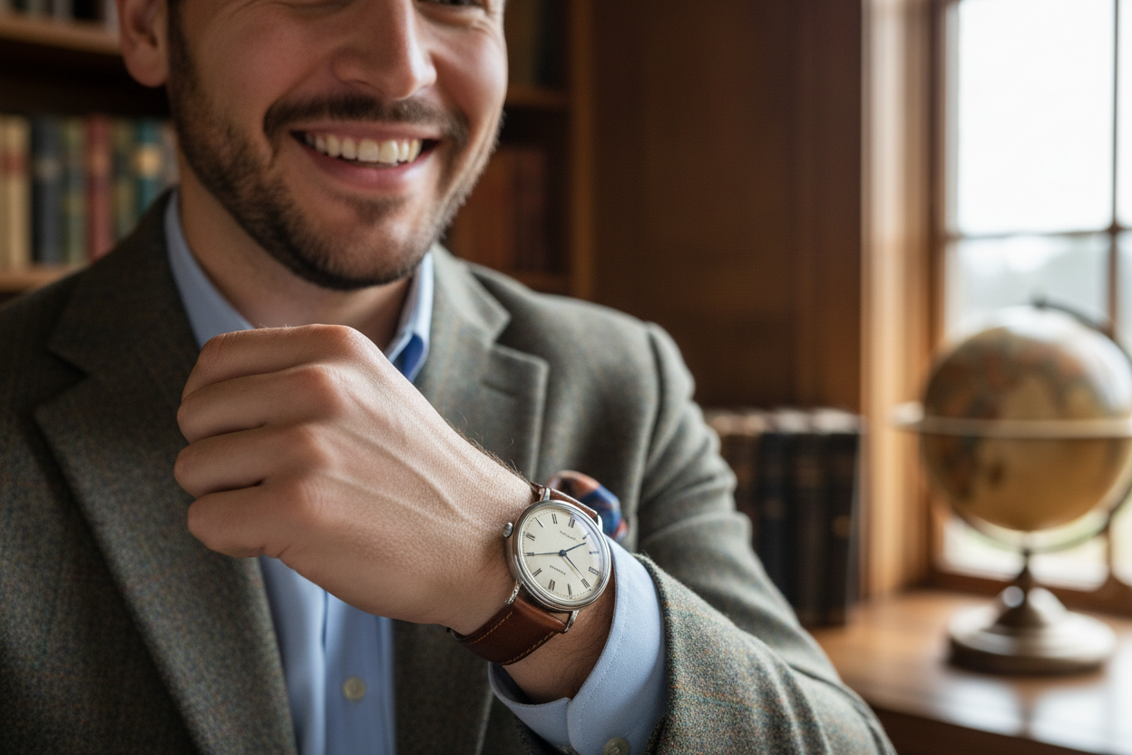 man with a vintage watch that is happy