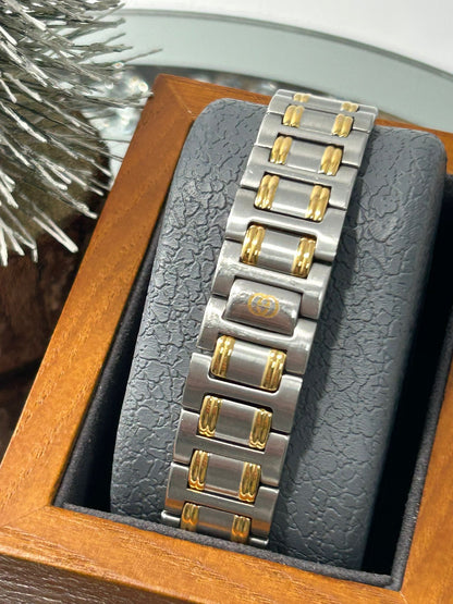 Gucci Vintage 9000M Stainless Steel Gold Bezel Unisex Swiss Quartz Watch