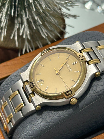 Gucci Vintage 9000M Stainless Steel Gold Bezel Unisex Swiss Quartz Watch
