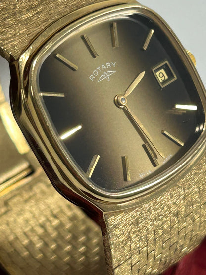 Rotary Tiger Eye Vintage Rectangular Dress Watch – Gold Plated Case, Manual Wind, Date, Box & Papers