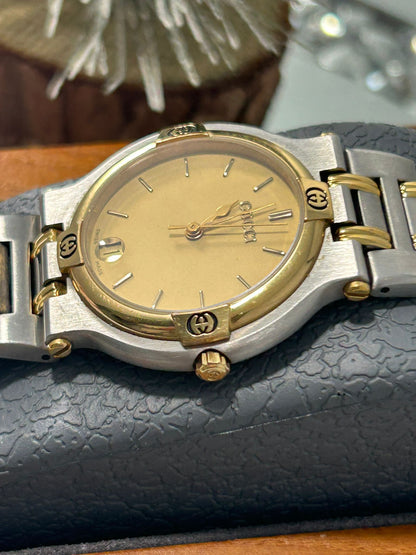 Gucci Vintage 9000M Stainless Steel Gold Bezel Unisex Swiss Quartz Watch