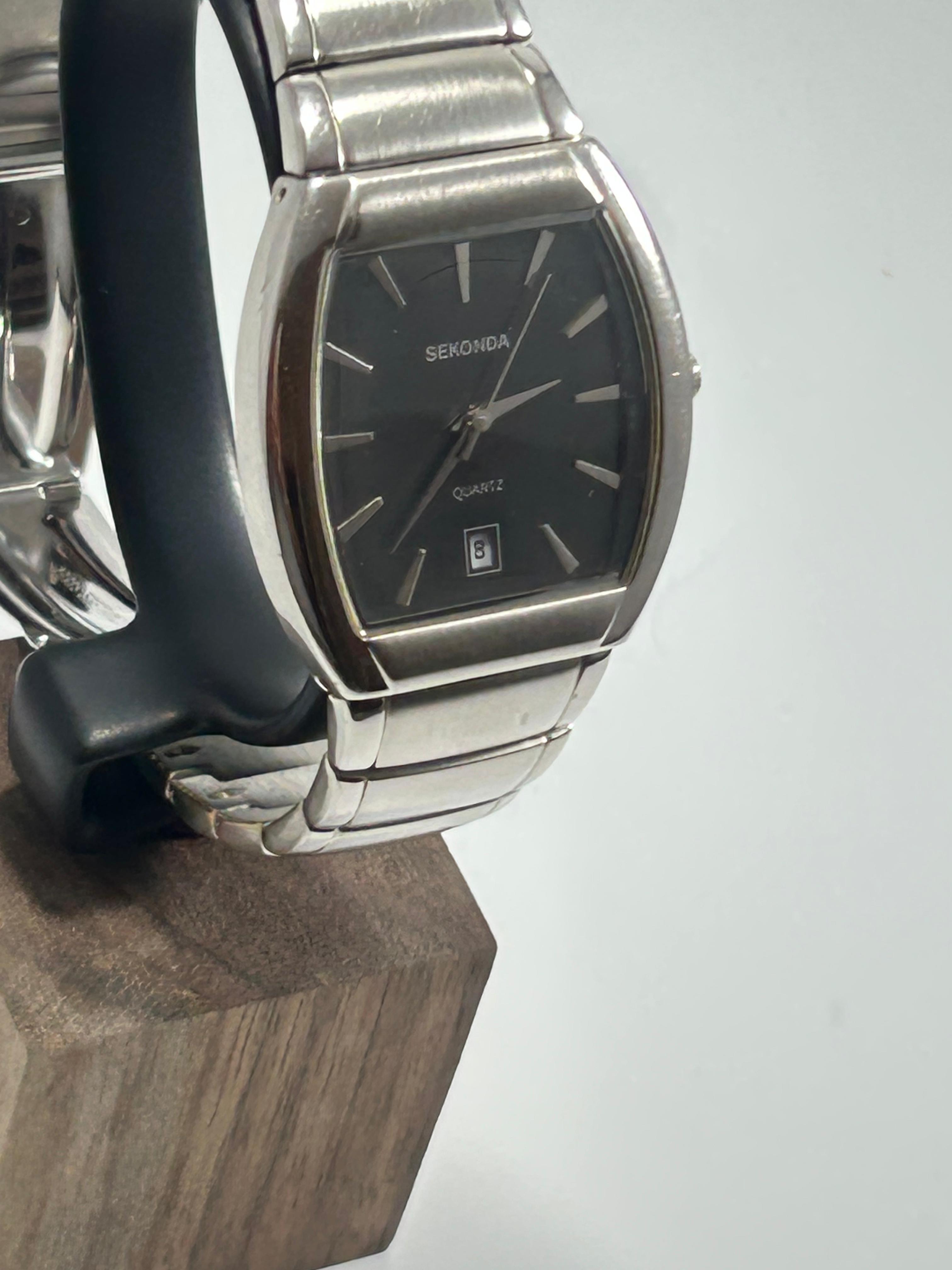 Sekonda Quartz Tonneau Men's Watch — Stainless Steel, Black Dial, Rose Gold-Tone Indices, Date, Steel Bracelet