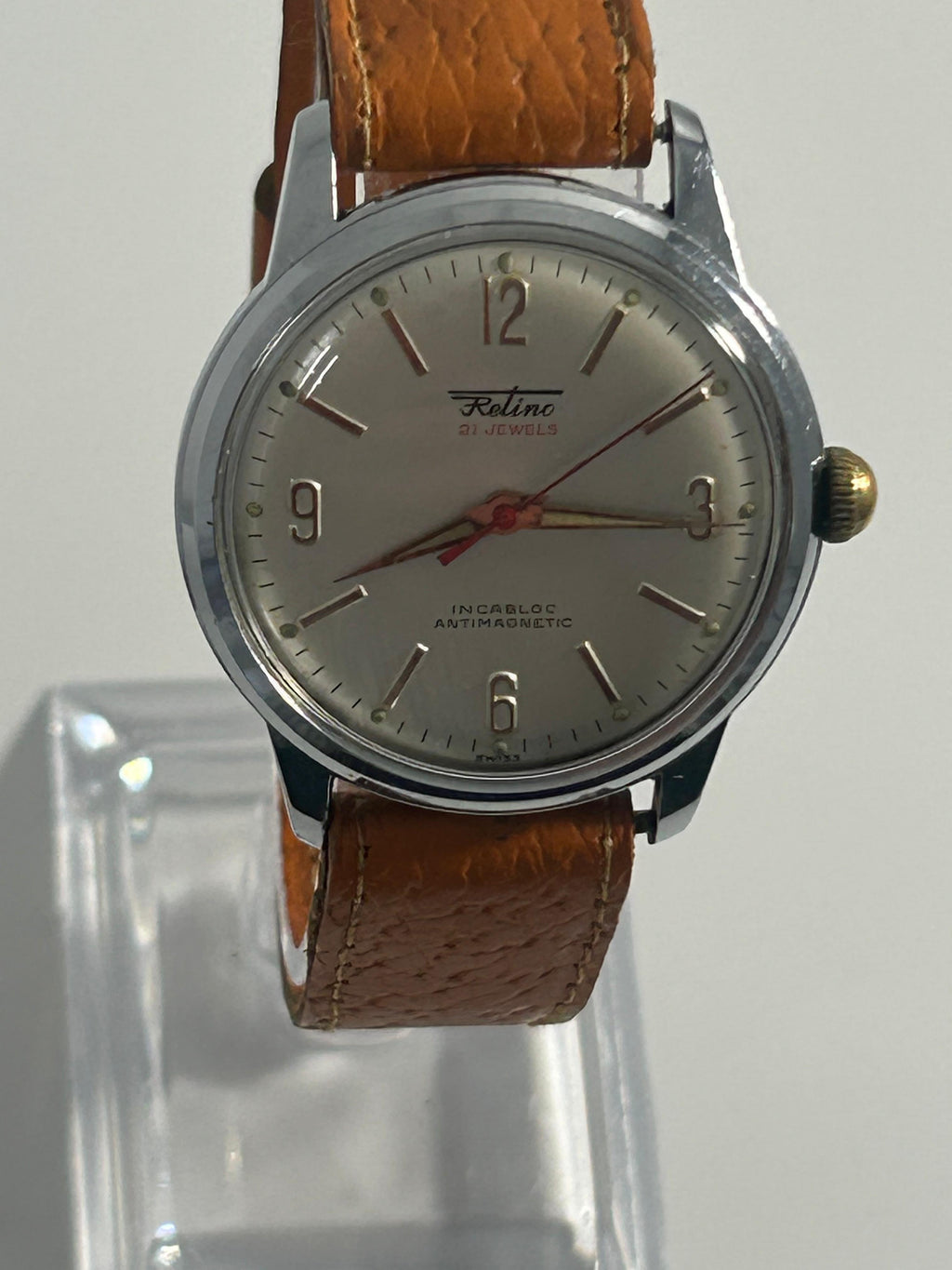 Relino 21 Jewels Incabloc Antimagnetic Vintage Swiss Dress Watch — Stainless Steel, Cream Dial, Tan Leather Strap, 1960s