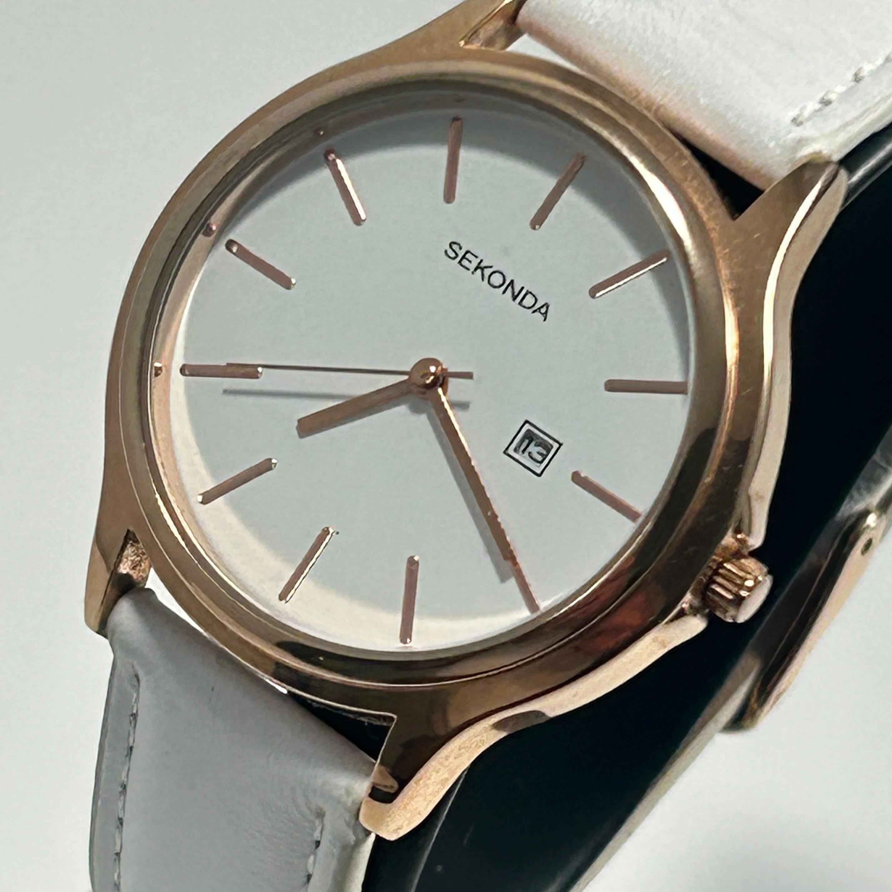 Sekonda Classic Quartz — Rose Gold-Tone, White Dial, Date, White Leather Strap