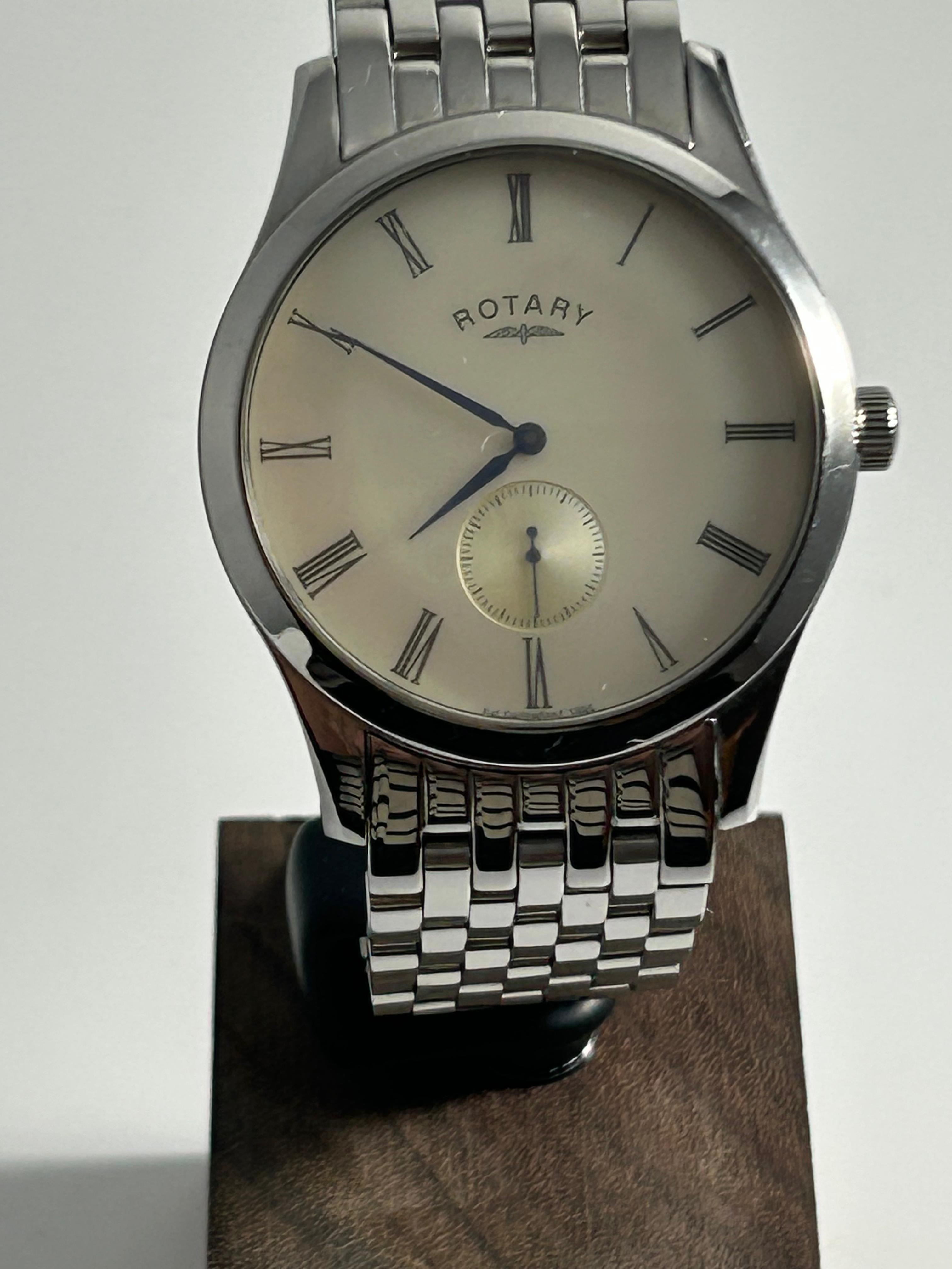 Rotary GB02411 Small Seconds Men's Watch — Stainless Steel, Cream Dial, Roman Numerals, Blued Hands