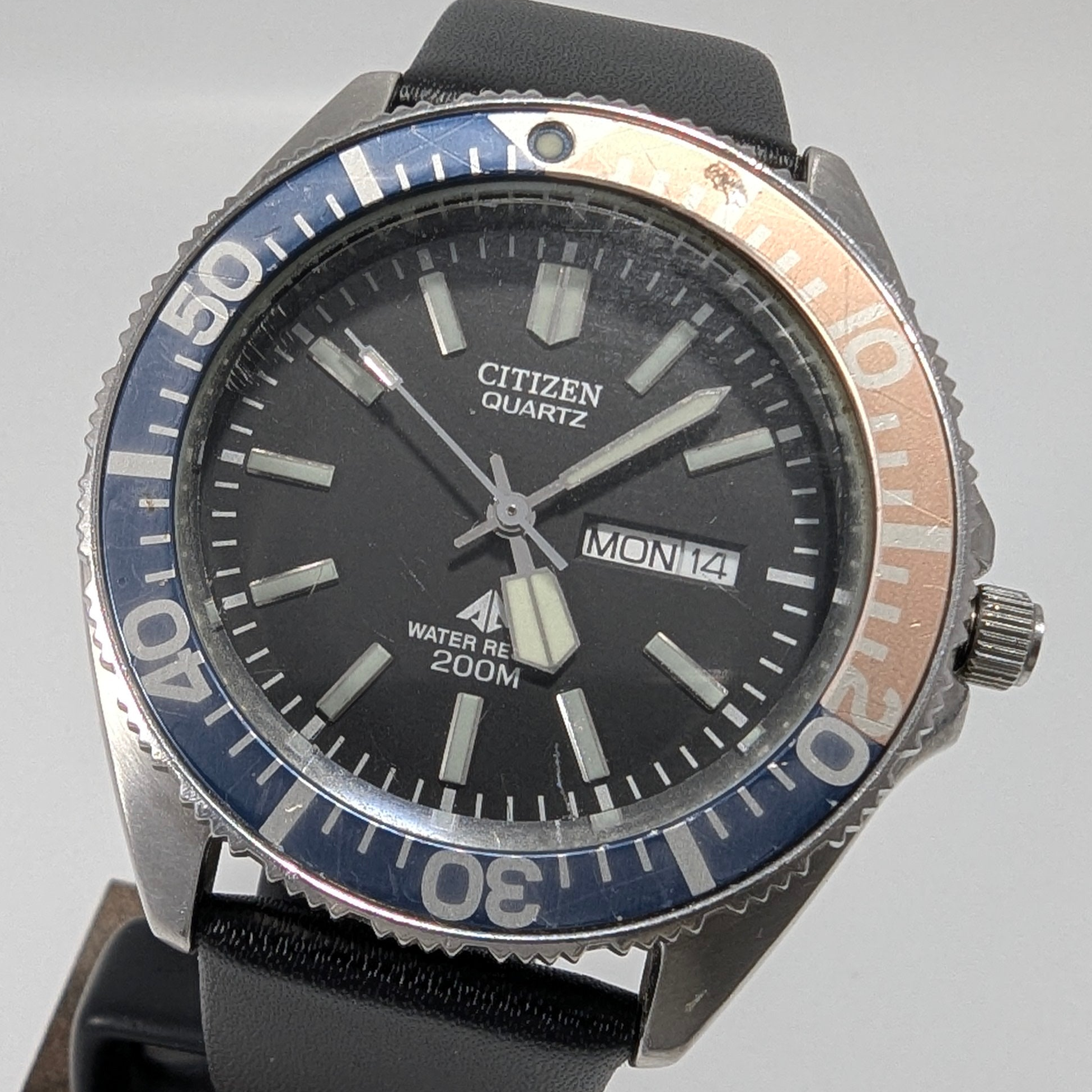 Citizen Promaster diver watch with Pepsi bezel and black dial on leather strap 38mm