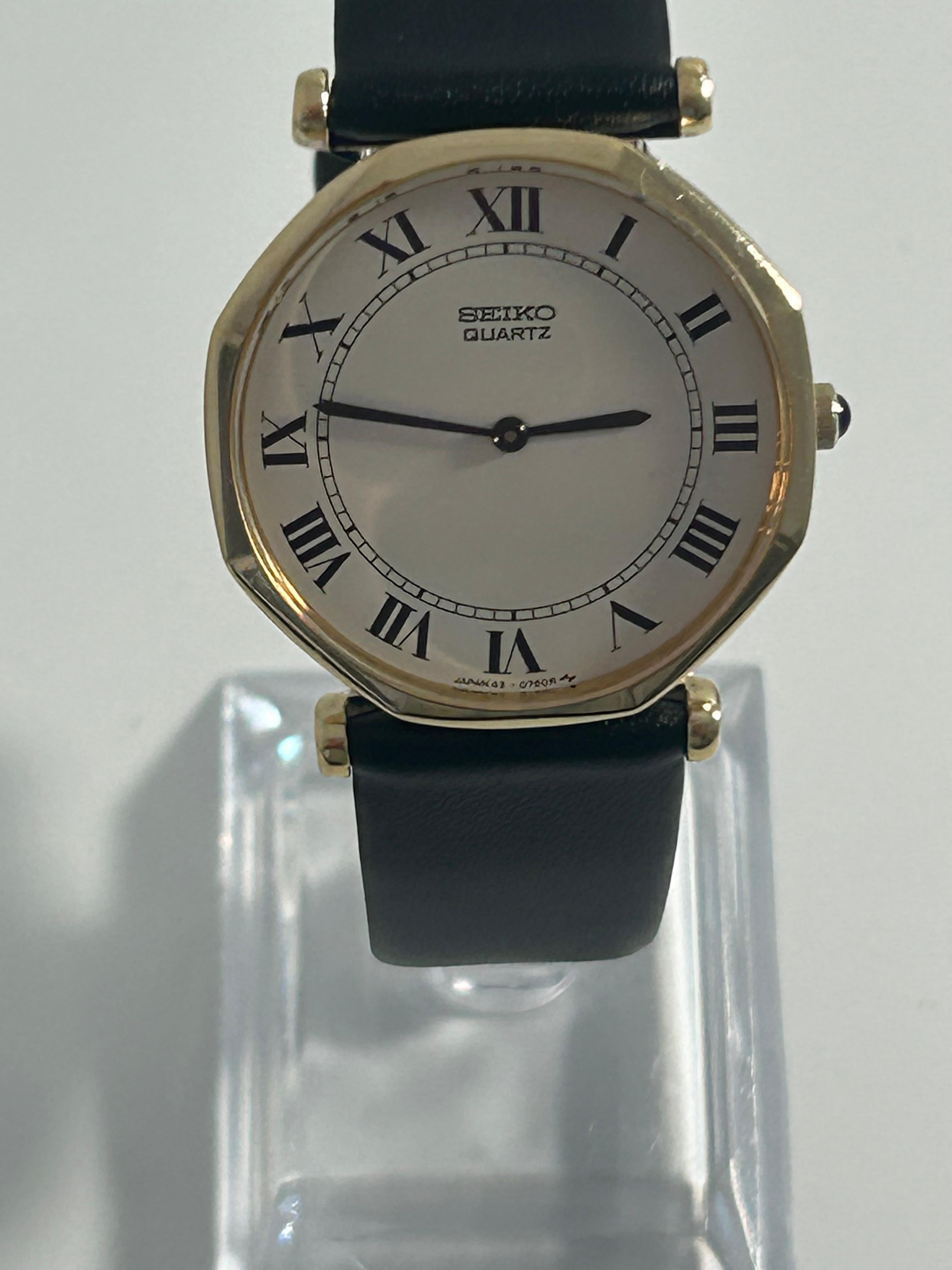1987 Seiko Vintage Quartz Octagonal Dress Watch — Gold-Tone, White Roman Numeral Dial, Black Leather Strap