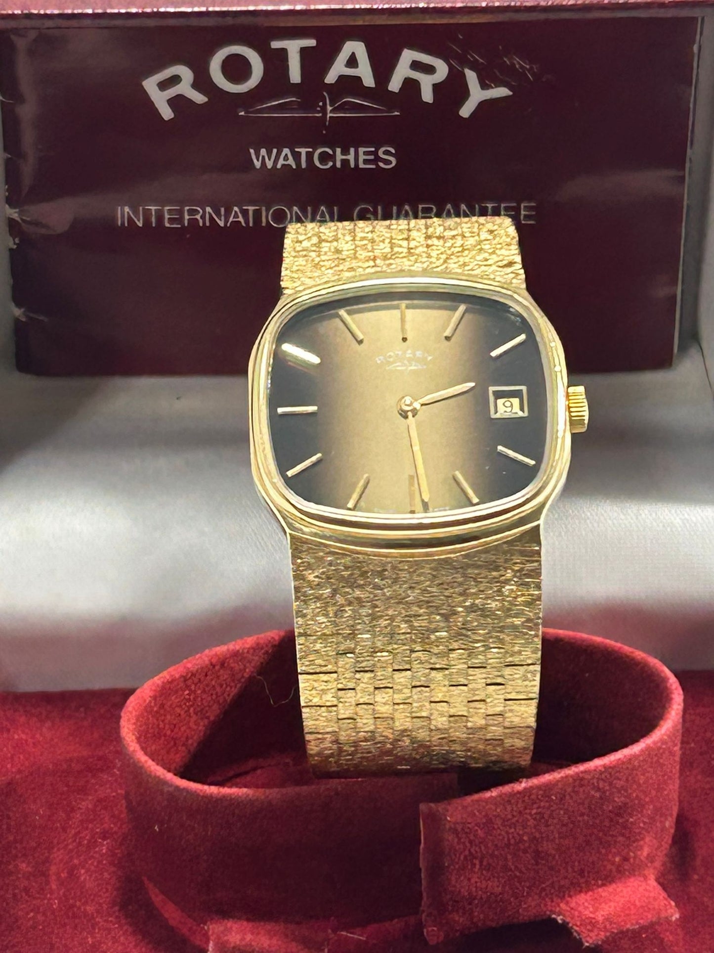 Rotary Tiger Eye Vintage Rectangular Dress Watch – Gold Plated Case, Manual Wind, Date, Box & Papers