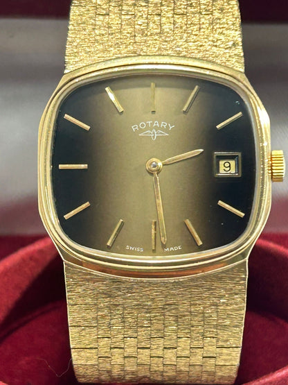 Rotary Tiger Eye Vintage Rectangular Dress Watch – Gold Plated Case, Manual Wind, Date, Box & Papers