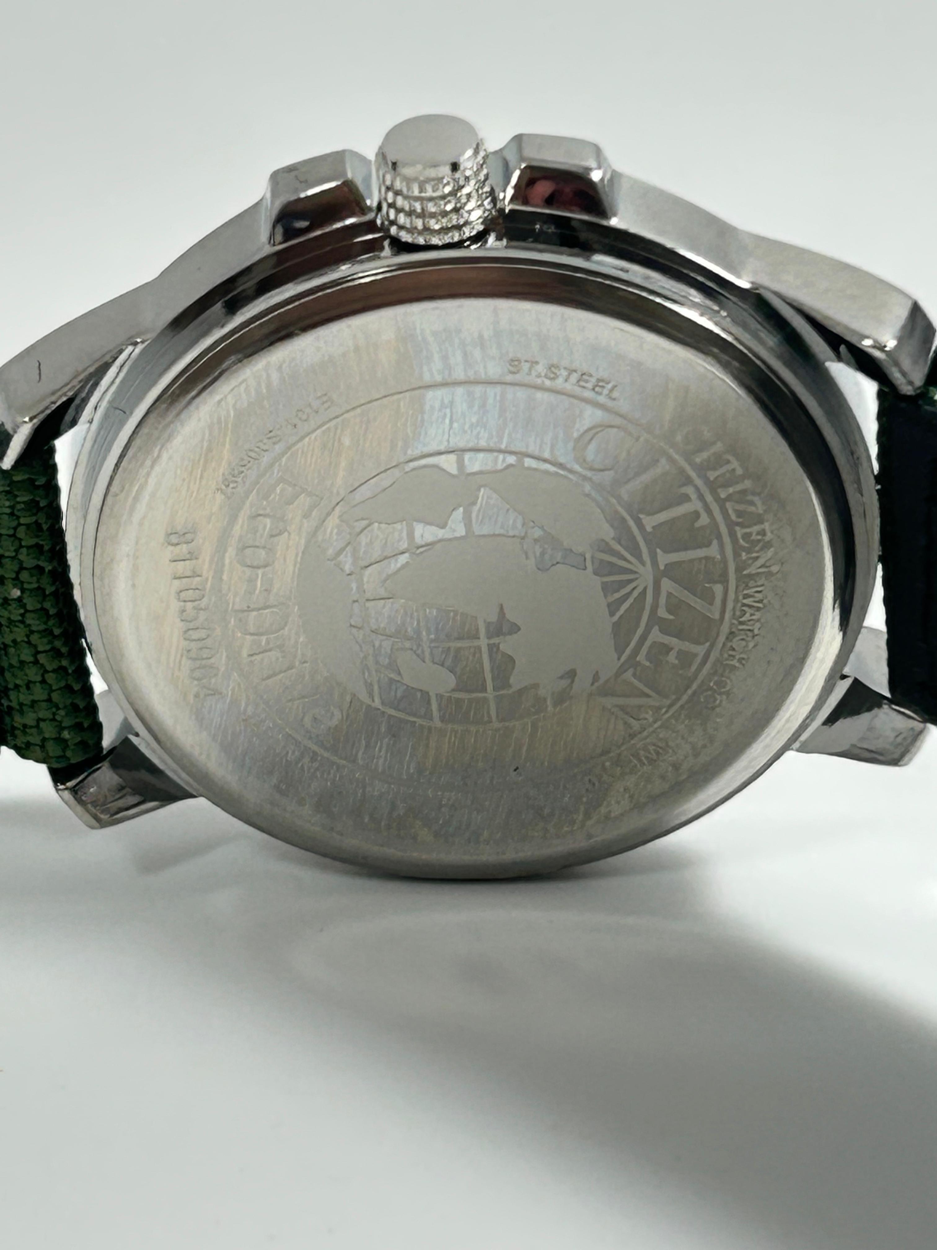 Citizen Eco-Drive Field Watch BM8180 — Stainless Steel, Black Dial, Day-Date, Green NATO Strap