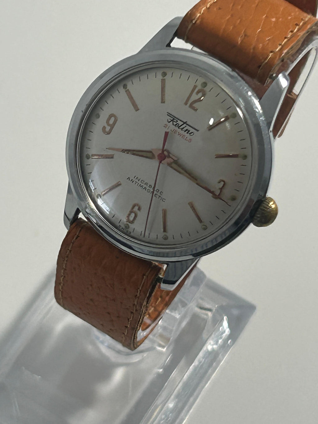 Relino 21 Jewels Incabloc Antimagnetic Vintage Swiss Dress Watch — Stainless Steel, Cream Dial, Tan Leather Strap, 1960s