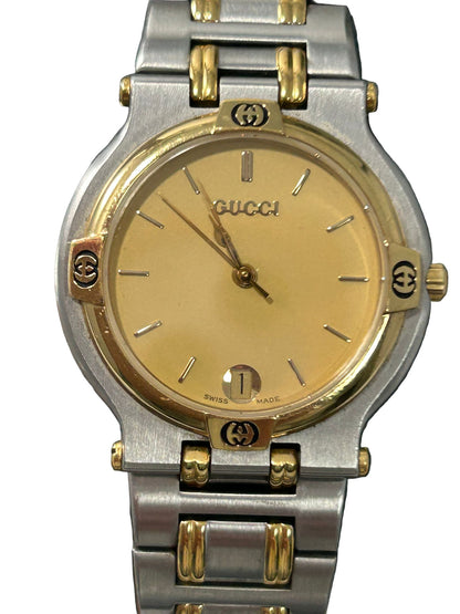 Gucci Vintage 9000M Stainless Steel Gold Bezel Unisex Swiss Quartz Watch