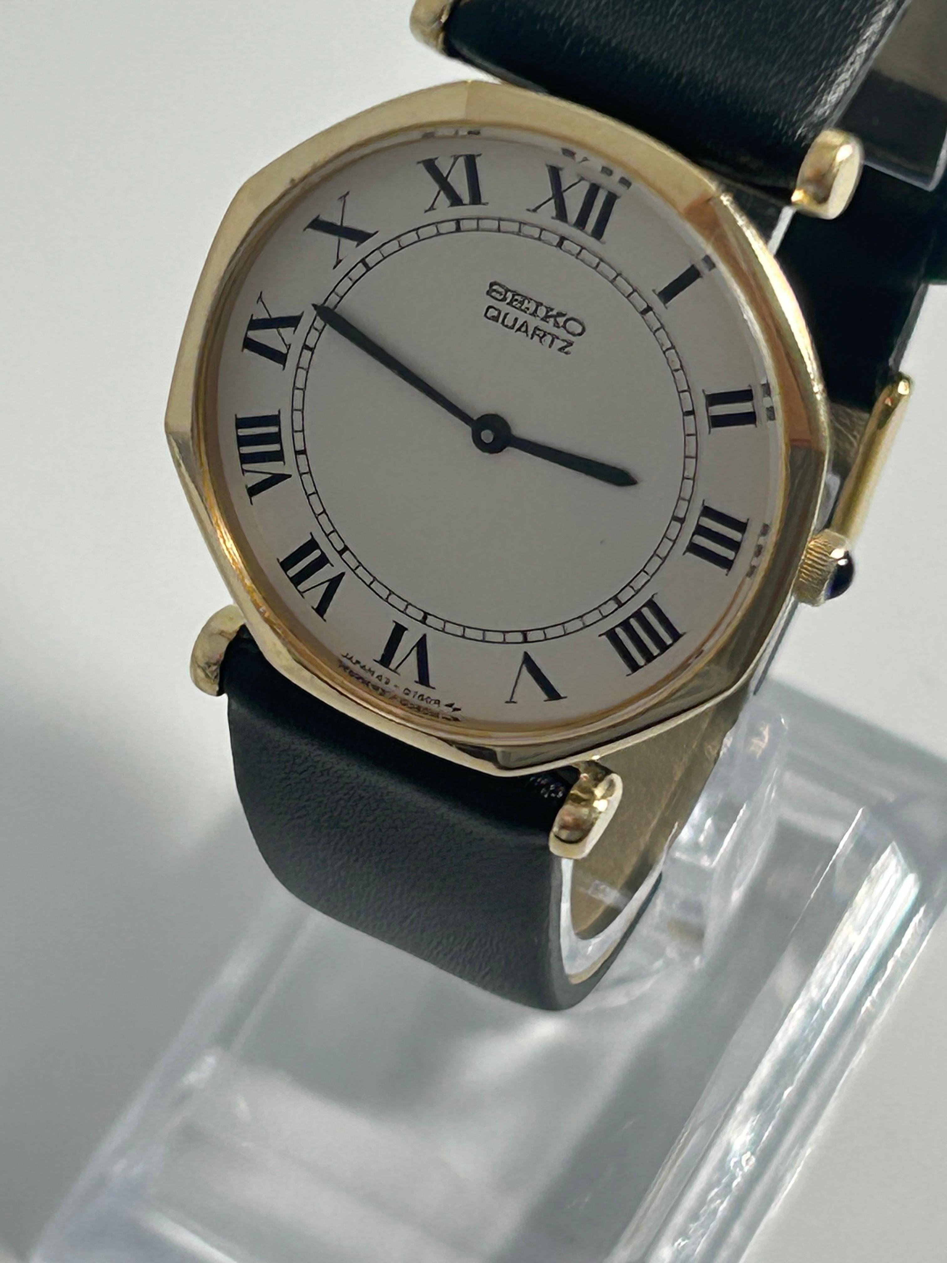 1987 Seiko Vintage Quartz Octagonal Dress Watch — Gold-Tone, White Roman Numeral Dial, Black Leather Strap