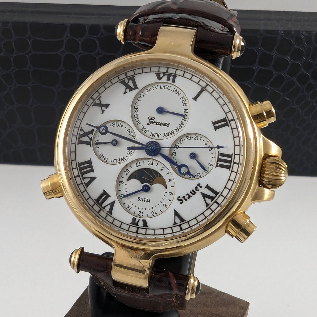 Stauer Graves gold tone Automatic Chronograph Moonphase 33mm vintage style wrist watch
