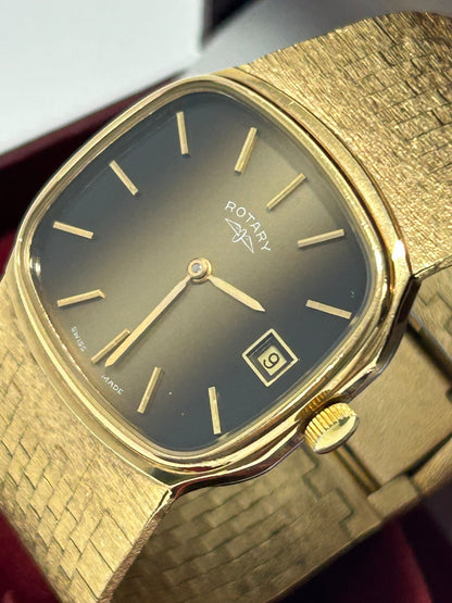 Rotary Tiger Eye Vintage Rectangular Dress Watch – Gold Plated Case, Manual Wind, Date, Box & Papers