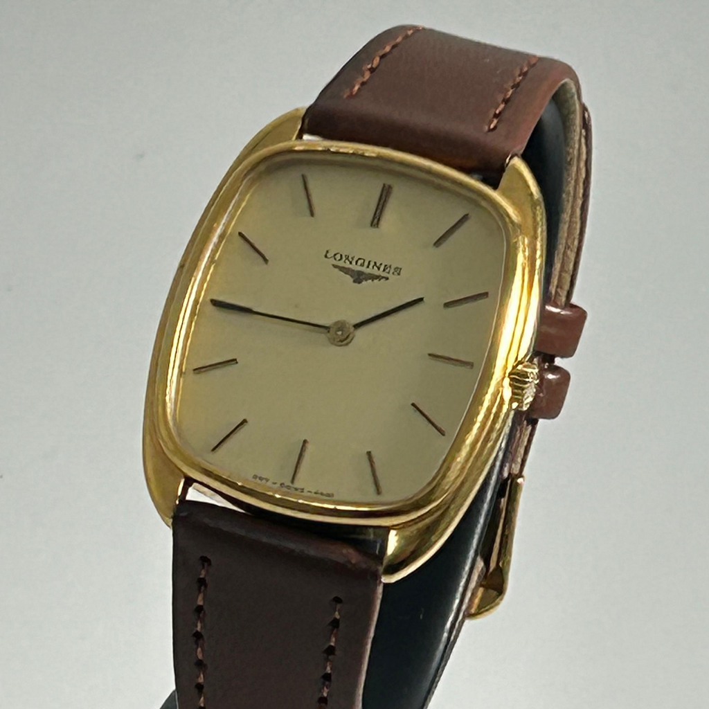 1980s Longines Manual Wind Dress Watch - Gold, Rectangular, Champagne Dial, Vintage