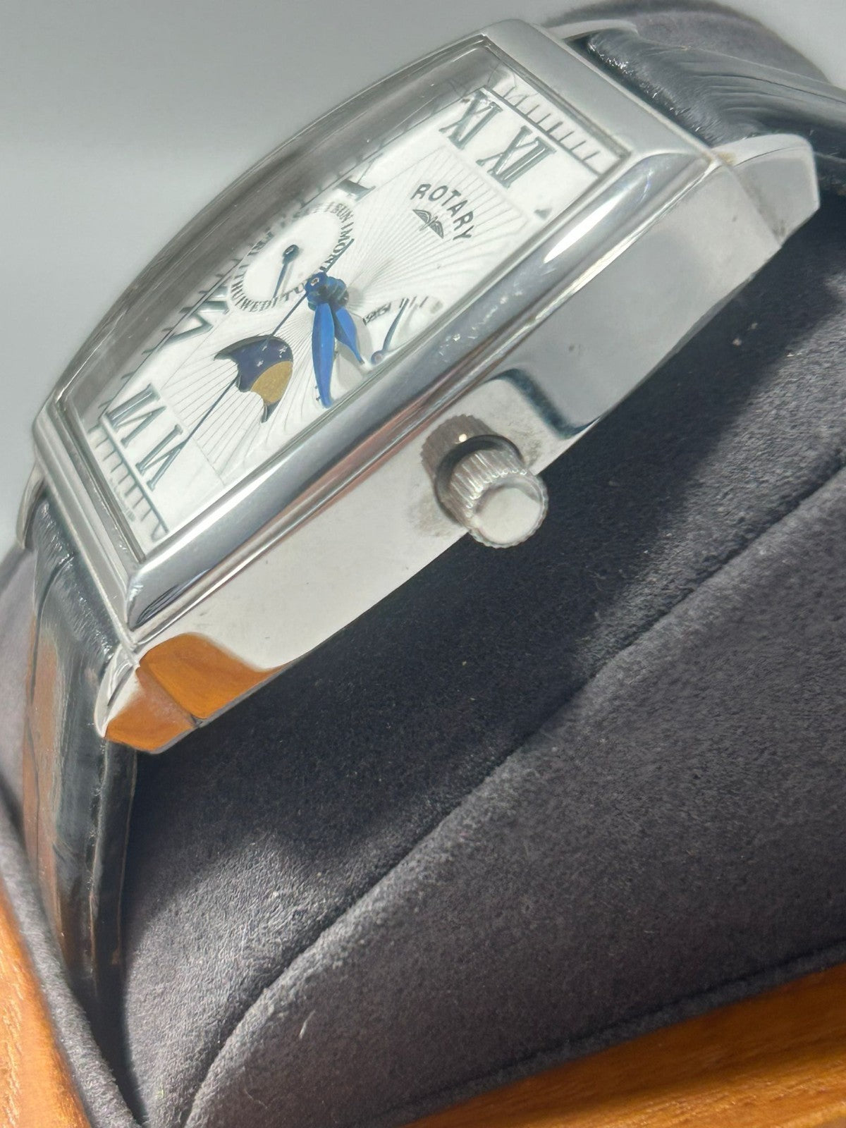 Rotary Moonphase Men’s Quartz Watch Roman Numeral White Dial Stainless Tonneau