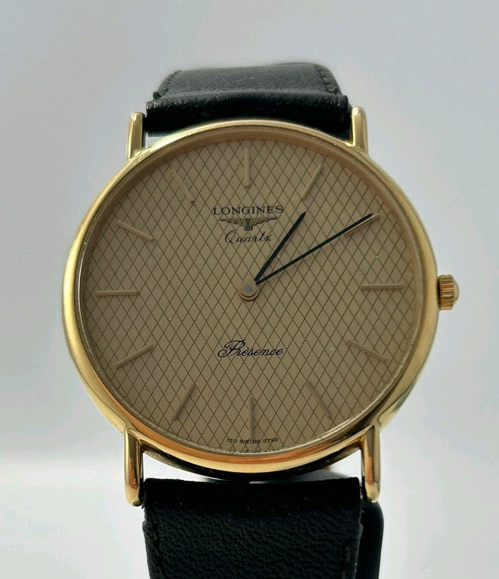 Longines Présence Quartz Men’s Watch – Gold Plated, Textured Dial, Box & Papers