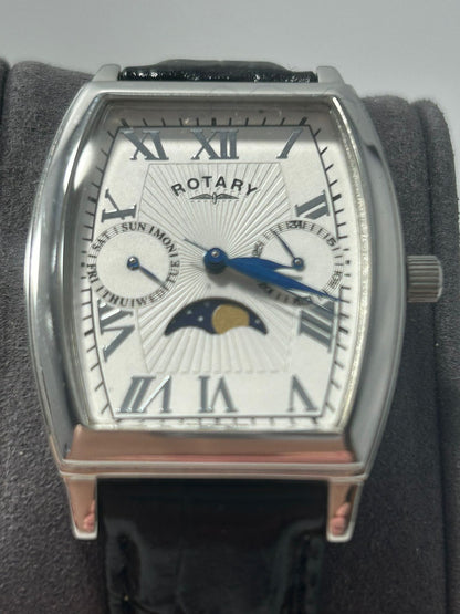 Rotary Moonphase Men’s Quartz Watch Roman Numeral White Dial Stainless Tonneau