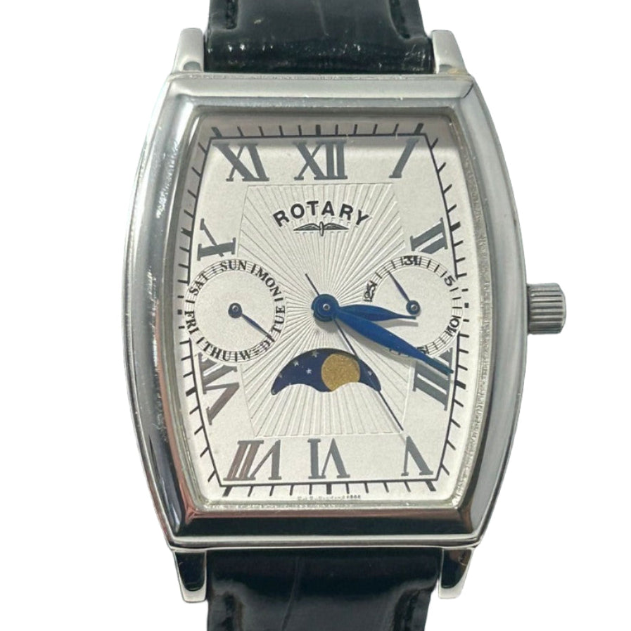 Rotary Moonphase Men’s Quartz Watch Roman Numeral White Dial Stainless Tonneau