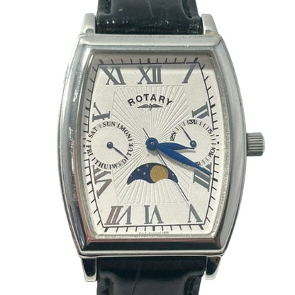 Rotary Moonphase Men’s Quartz Watch Roman Numeral White Dial Stainless Tonneau