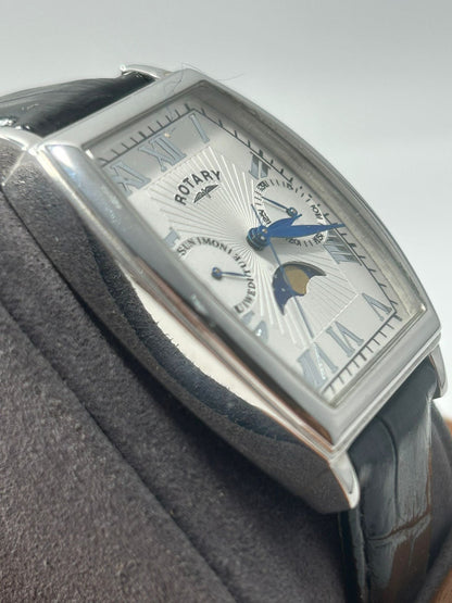 Rotary Moonphase Men’s Quartz Watch Roman Numeral White Dial Stainless Tonneau